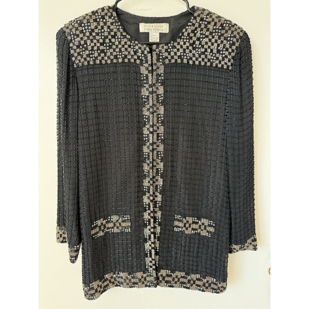 Vintage Niteline Della Roufogali‎ Black Heavily Beaded Silk Evening Blouse